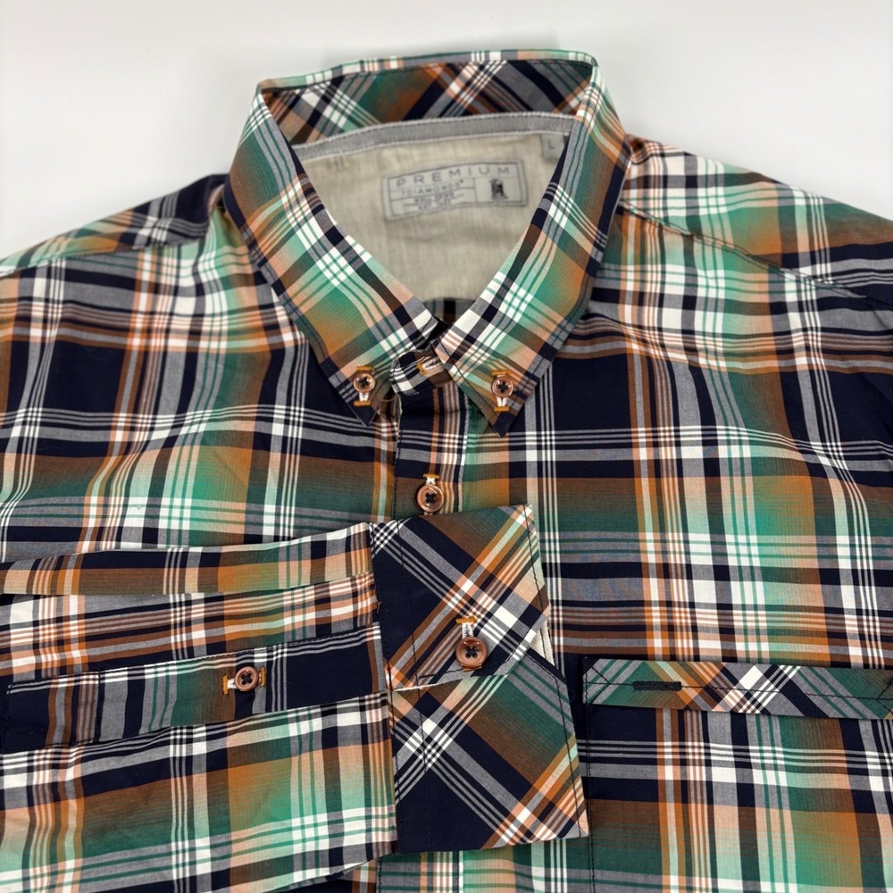 7 Diamonds Premium Mens Plaid Button Down Shirt L Pretzel Logic Navy Orng Green